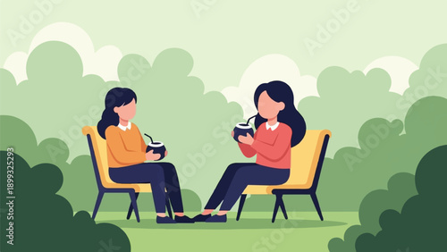 Two women in casual wear sit on chairs holding mate gourds and drinking