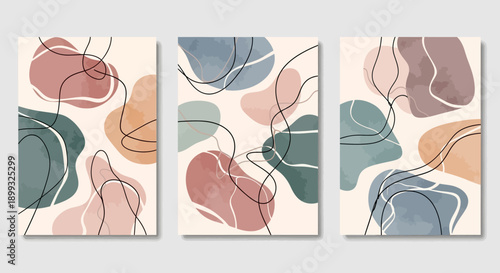 Abstract Mid-Century Modern Organic Shapes and Lines Triptych Wall Art.