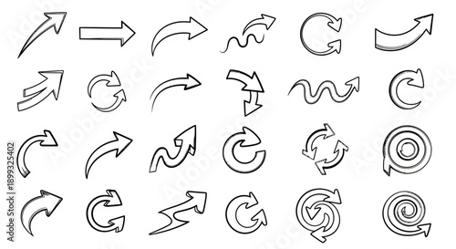 A collection of hand-drawn arrow icons with various styles and directions, including curved, straight, and circular arrows.