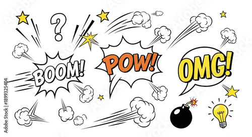 A collection of comic book style sound effects and symbols, including 'BOOM!', 'POW!', and 'OMG!', along with stars, question marks, smoke trails, a bomb, and a lightbulb.