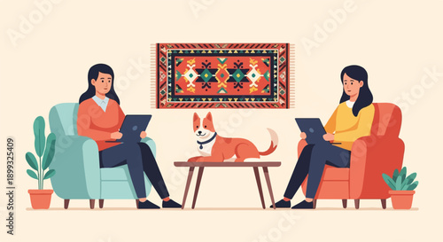 Two women in cozy armchairs with a dog and rug