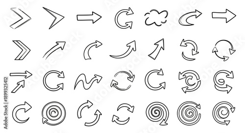 A collection of hand-drawn arrow icons in various styles and directions, including straight, curved, circular, and spiral designs.