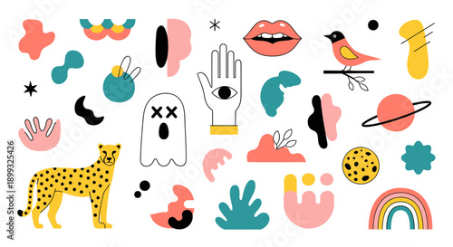 A vibrant collection of abstract shapes, a cheetah, a ghost, a bird, lips, a hand with an eye, and a rainbow.