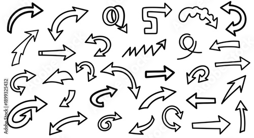 A collection of diverse hand-drawn arrow icons in black and white, showcasing various styles and directions.