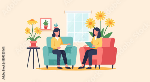 Two women in cozy chairs with flowers and a window behind them