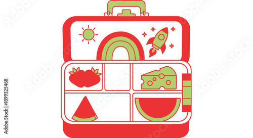Colorful lunchbox with food and cartoon designs for kids meal