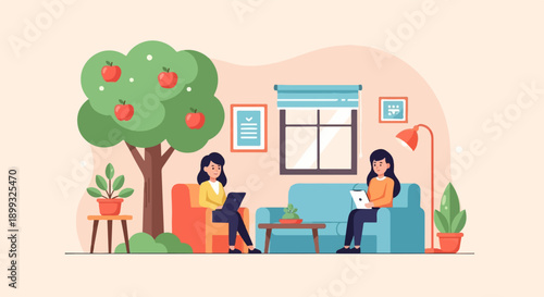 Two women relax indoors, one on an armchair, the other on a sofa, both working on devices