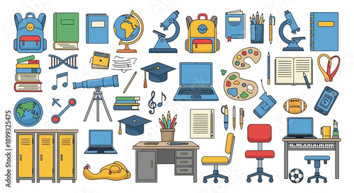 A vibrant collection of school supplies and educational tools arranged in a playful and organized manner.