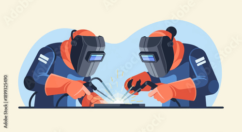 Two welders in protective gear creating sparks from metalwork