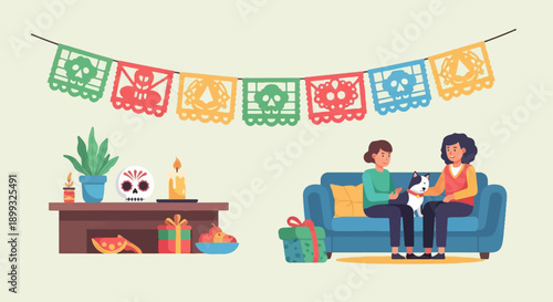 Two women and a dog sit on a couch, celebrating with festive decorations