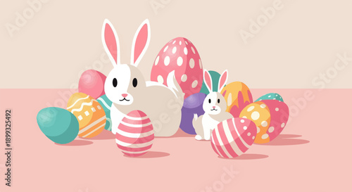 Two white cartoon rabbits and colorful decorated Easter eggs on a pink background