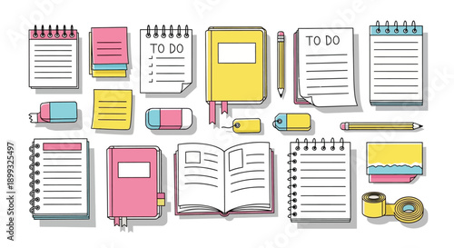 A collection of stationery items including notebooks, notepads, erasers, pencils, and a tape dispenser, arranged in a flat lay style.