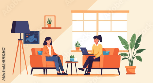 Two women in orange chairs in a room with plants and a lamp