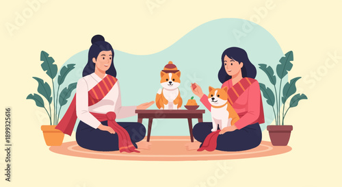 Two women in traditional attire interact with corgis and plants on a light background