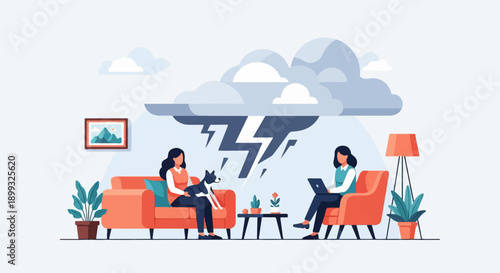 Two women and a dog sit in a living room under a stormy sky