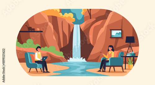 Two women relax indoors while a waterfall cascades outside