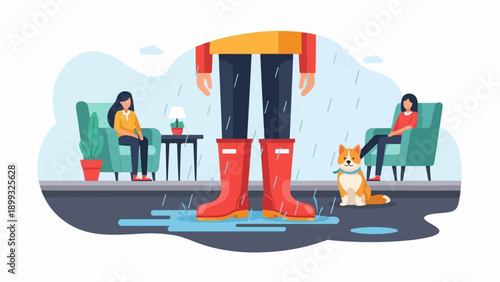 Two women, a dog, and huge red boots sit inside during a rainstorm