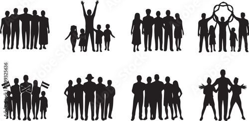 Diverse group silhouettes representing community, unity, family, and celebration.