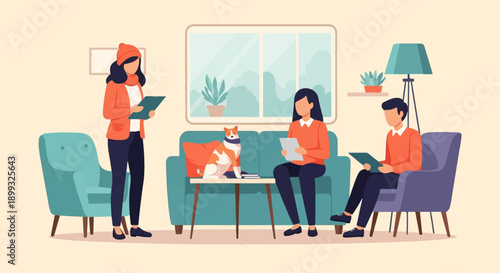 Two women, a man, and a dog in a room