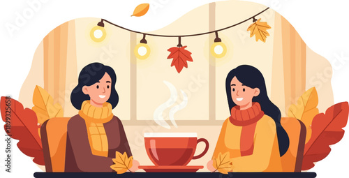 Two women in warm scarves enjoy hot drinks surrounded by autumn leaves and lights