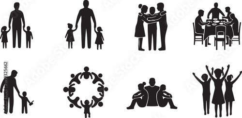 Family and group silhouettes showing love, unity, and togetherness in various poses.