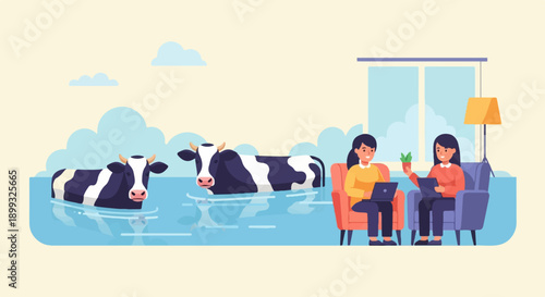 Two women relax indoors while cows wade in floodwaters outside