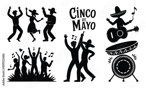 Set bundle cinco de mayo silhouette with mexican dancers and singers
