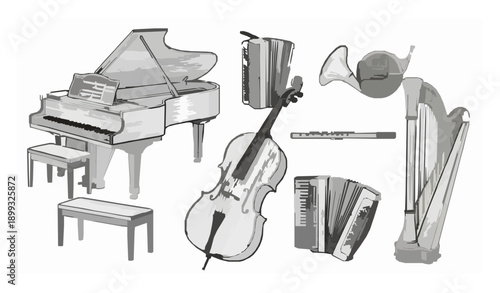 Vintage engraved black and white musical instruments vector illustration set