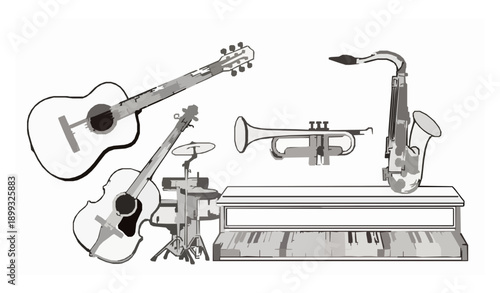 Black and white musical instruments outline vector set with guitar violin and trumpet