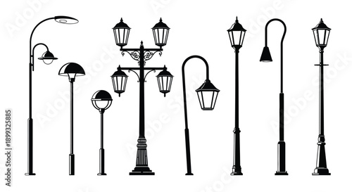 Various street lamps and lanterns on a white background