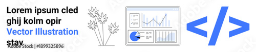 Dashboard with statistical graphs, pie chart, and code brackets alongside stylized floral elements. Ideal for data visualization, web development, coding, digital analytics, growth trends, education