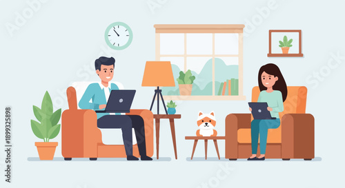 Two people working on laptops while sitting in comfortable armchairs at home