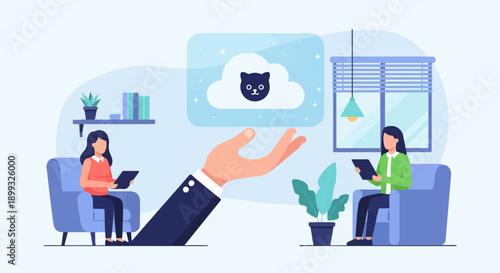 Two women interact with technology in a cozy indoor setting