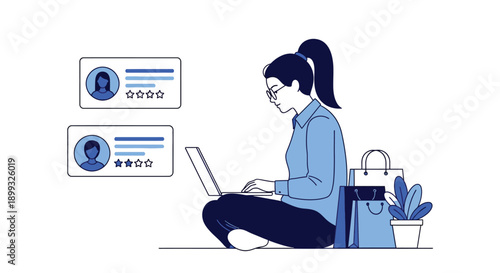 Woman sitting with laptop and shopping bags looking at customer reviews