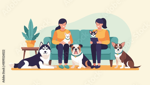 Two women relax indoors with their diverse group of pet dogs
