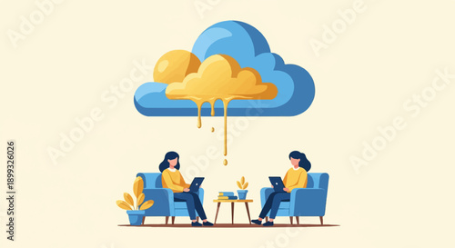 Two women sit in blue chairs with laptops, golden drops fall from cloud