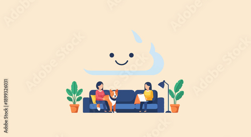Two women and a dog relax on a sofa with plants and a smiling cloud