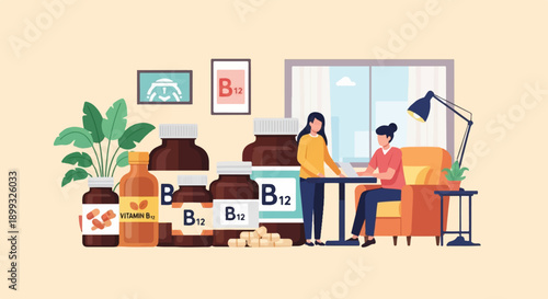 Two women interact with vitamin B12 supplements in a cozy, well-lit room