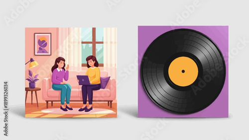 Two women interacting in a cozy room and a vinyl record on purple cover