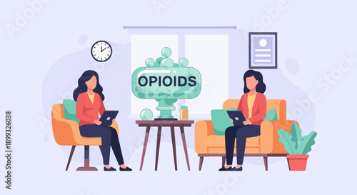 Two women sit in chairs, facing a stylized pill capsule labeled "OPIOIDS.
