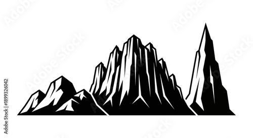 A black and white illustration of a mountain range with pointed peaks