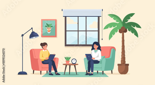 Two women sit in comfortable armchairs, engaged with laptops