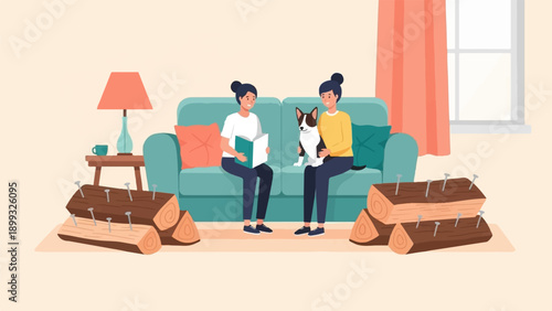 Two women and a dog relax on a sofa, logs with nails nearby