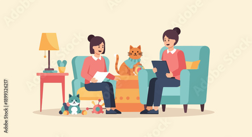 Two women and a cat relaxing in a cozy living room