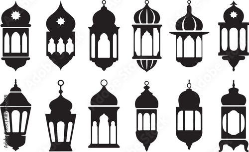 Black ramadan lanterns. Fanous line lantern, arabic lamps silhouettes vintage egyptian moroccan dubai eastern lamp for islamic mosque or arabian lighting, neat vector illustration