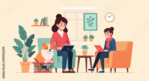 Two women and a dog relax indoors with laptops and plants
