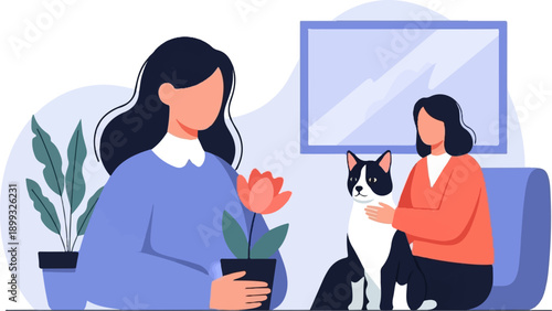 Two women and a cat relaxing at home with plants and artwork on wall