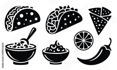 Set bundle Cinco De Mayo silhouette, delicious food, tacos, nachos, salsa, chili