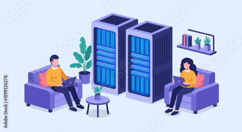 Two people working on laptops in a room with server racks and plants