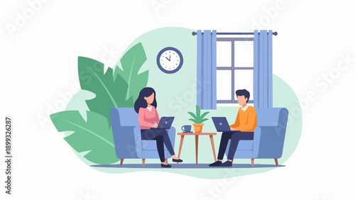 Two people working on laptops in a room with plants and a window